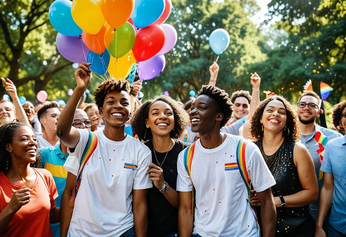 A vibrant kaleidoscope of colors representing the LGBTQ+ flag, featuring diverse individuals from various backgrounds joyfully celebrating together in a park setting. Balloons and confetti flying in the air, symbols of love and acceptance, like hearts and rainbows, subtly integrated in the background. The scene captures unity and pride, with people of different ages and ethnicities engaging and smiling. soft focus with a warm, inviting glow. super-realistic. vibrant colors. cheerful atmosphere.
