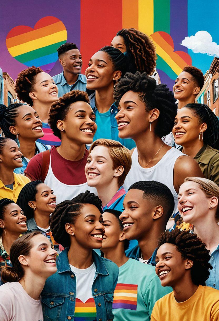 A vibrant collage featuring diverse individuals from the queer community sharing their personal stories. Include symbols of pride, such as rainbow flags and heart motifs, intertwined with speech bubbles displaying quotes. The setting should be a lively urban backdrop, with colorful murals representing acceptance and love. Emphasize warmth and inclusivity, capturing moments of joy and reflection. super-realistic. vibrant colors. 3D.