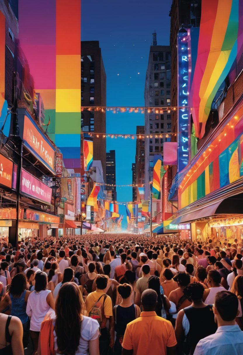 A vibrant collage showcasing diverse LGBTQ+ individuals engaged in various forms of entertainment, such as attending a Pride parade, watching a drag show, and participating in a film screening. Incorporate iconic symbols like rainbows and the LGBTQ+ flag, with a backdrop of a bustling city filled with colorful lights and billboards reflecting diversity and inclusion. The atmosphere is lively and celebratory, inviting the viewer to explore the intersection of lifestyle and culture. vibrant colors. modern art style.